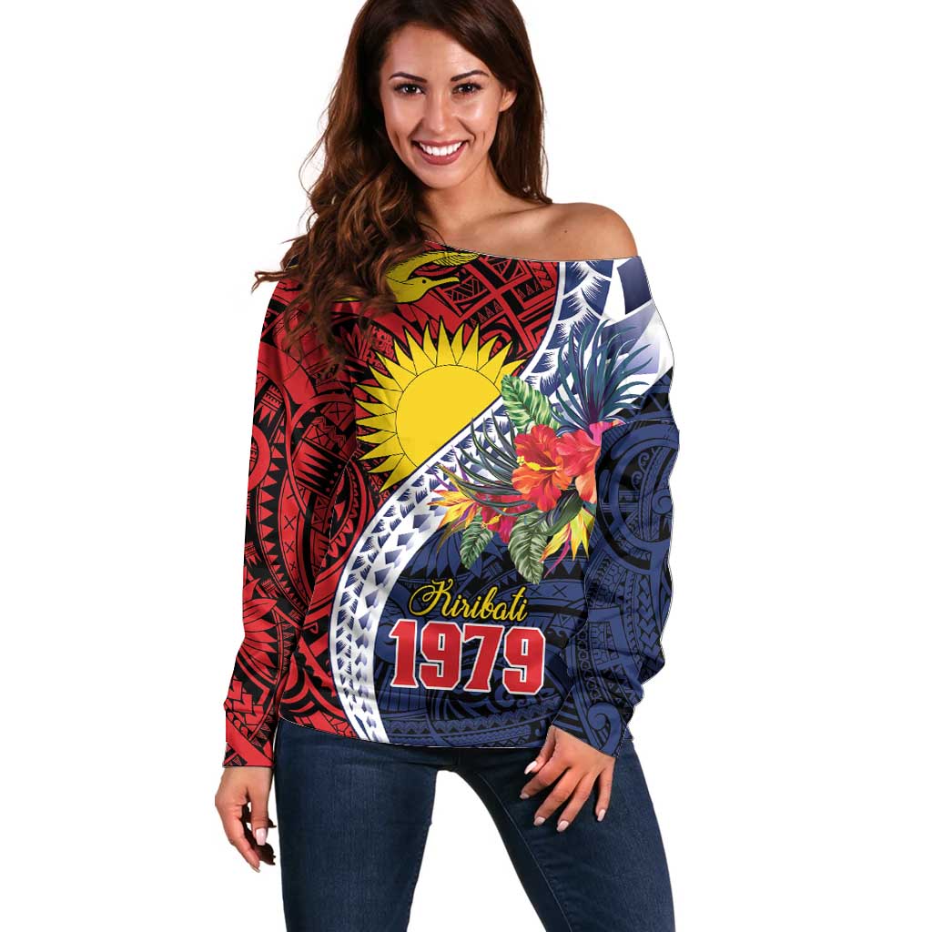 Flag of Kiribati Polynesian Pattern Off Shoulder Sweater Est 1979 With Tropical Flowers
