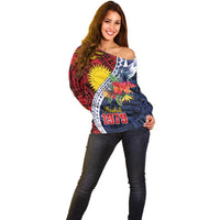 Flag of Kiribati Polynesian Pattern Off Shoulder Sweater Est 1979 With Tropical Flowers