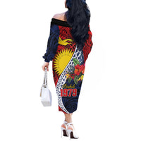 Flag of Kiribati Polynesian Pattern Off The Shoulder Long Sleeve Dress Est 1979 With Tropical Flowers
