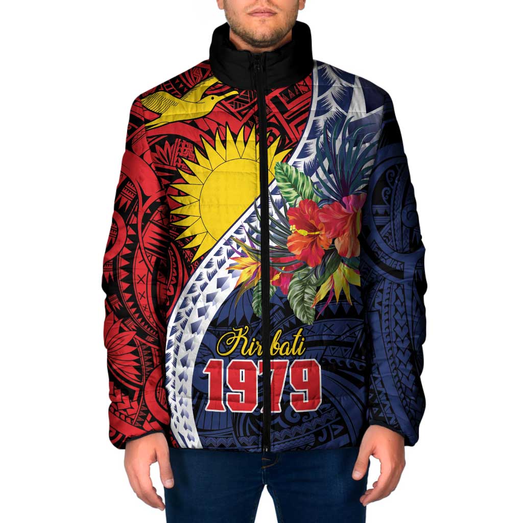 Flag of Kiribati Polynesian Pattern Padded Jacket Est 1979 With Tropical Flowers - Polynesian Pride