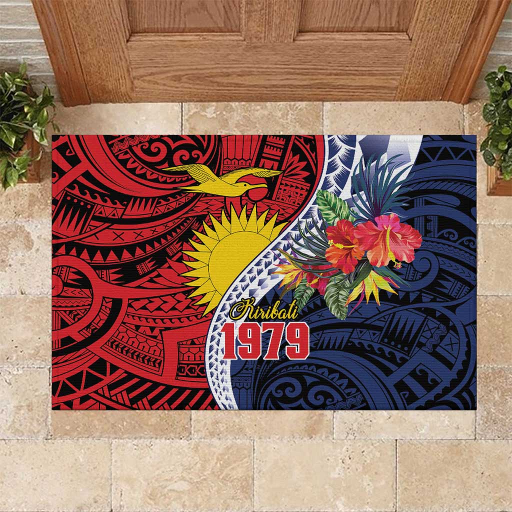 Flag of Kiribati Polynesian Pattern Rubber Doormat Est 1979 With Tropical Flowers