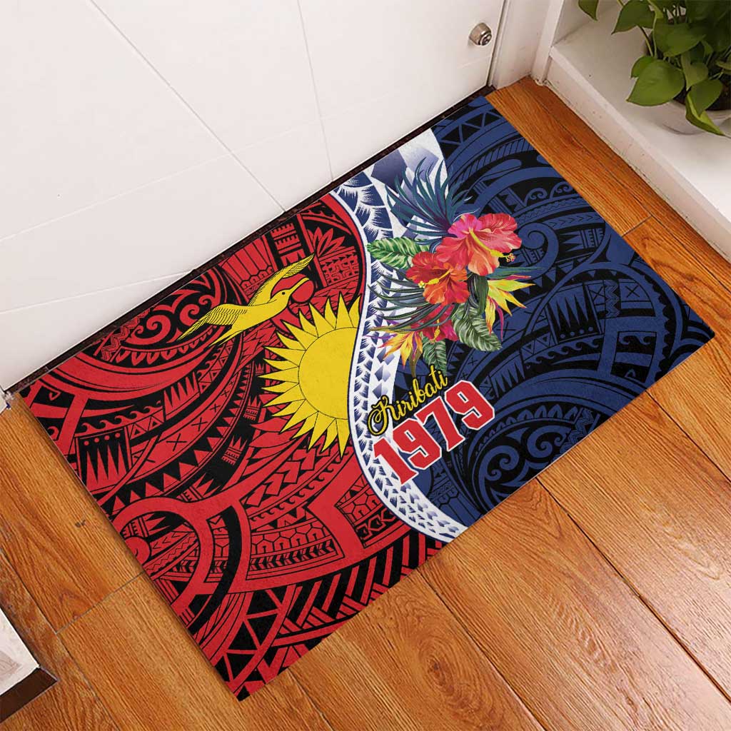 Flag of Kiribati Polynesian Pattern Rubber Doormat Est 1979 With Tropical Flowers