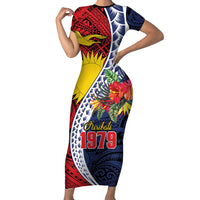 Flag of Kiribati Polynesian Pattern Short Sleeve Bodycon Dress Est 1979 With Tropical Flowers