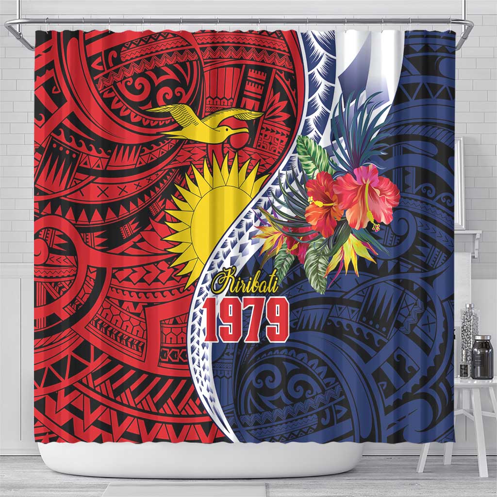 Flag of Kiribati Polynesian Pattern Shower Curtain Est 1979 With Tropical Flowers