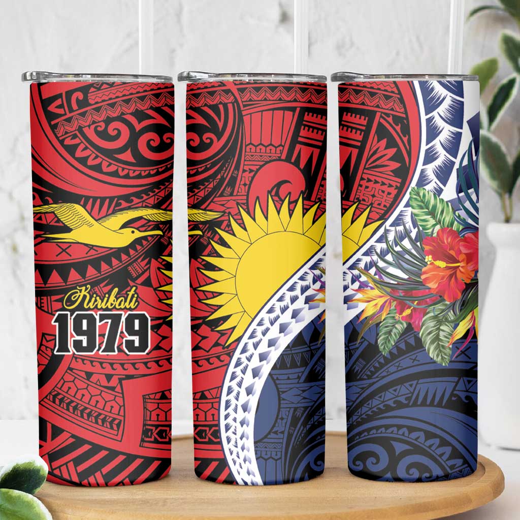 Flag of Kiribati Polynesian Pattern Skinny Tumbler Est 1979 With Tropical Flowers