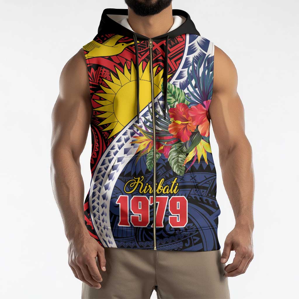 Flag of Kiribati Polynesian Pattern Sleeveless Zip Hoodie Est 1979 With Tropical Flowers - Polynesian Pride