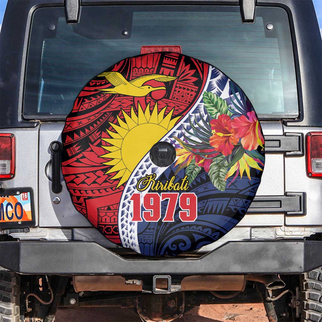 Flag of Kiribati Polynesian Pattern Spare Tire Cover Est 1979 With Tropical Flowers
