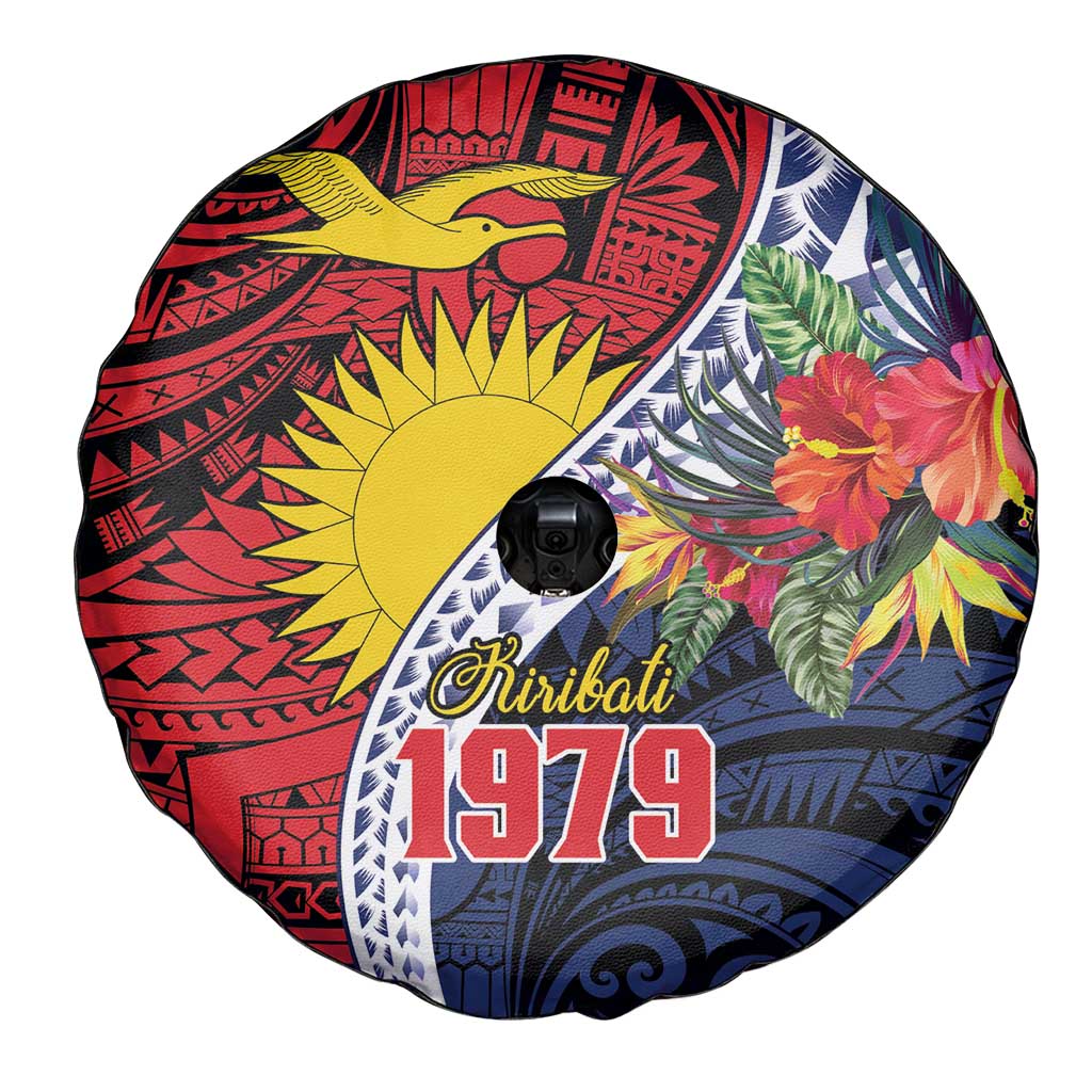 Flag of Kiribati Polynesian Pattern Spare Tire Cover Est 1979 With Tropical Flowers