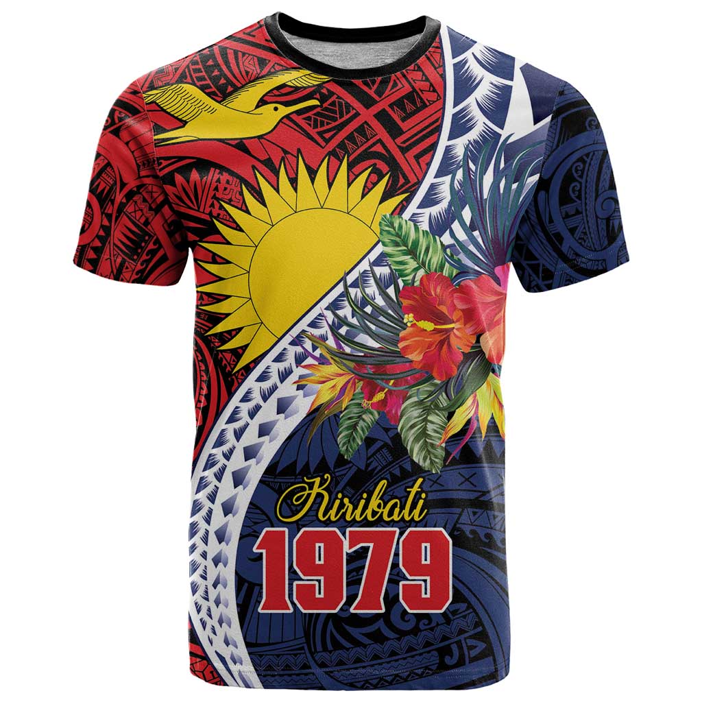Flag of Kiribati Polynesian Pattern T Shirt Est 1979 With Tropical Flowers