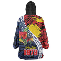 Flag of Kiribati Polynesian Pattern Wearable Blanket Hoodie Est 1979 With Tropical Flowers