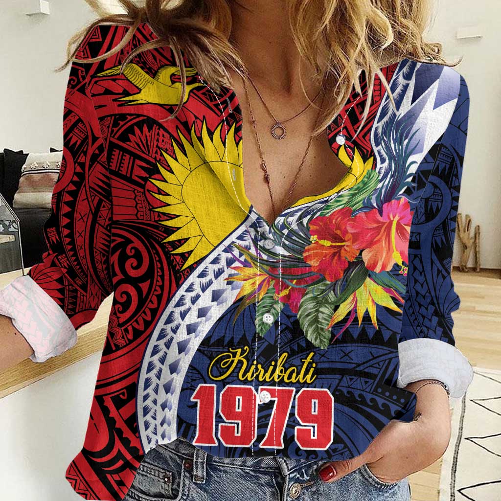 Flag of Kiribati Polynesian Pattern Women Casual Shirt Est 1979 With Tropical Flowers