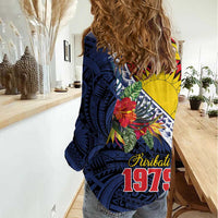 Flag of Kiribati Polynesian Pattern Women Casual Shirt Est 1979 With Tropical Flowers