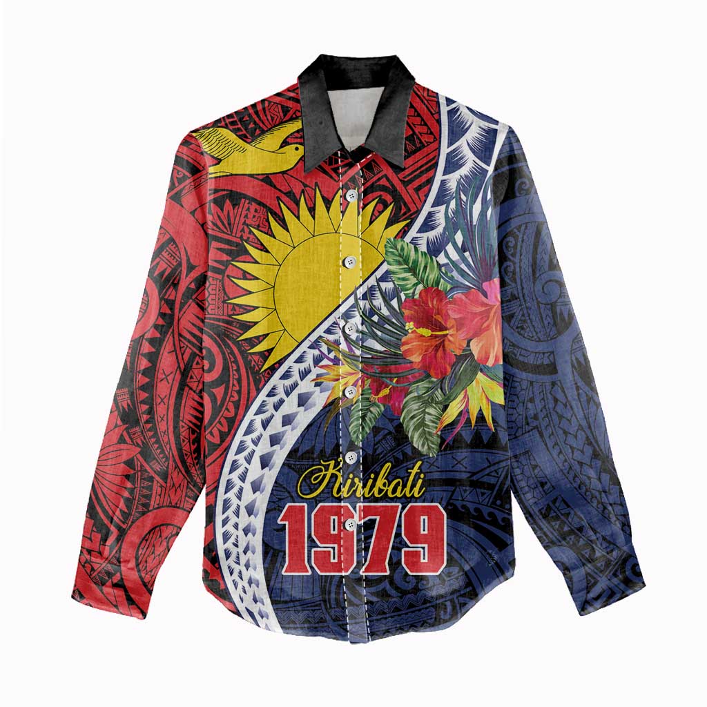 Flag of Kiribati Polynesian Pattern Women Casual Shirt Est 1979 With Tropical Flowers
