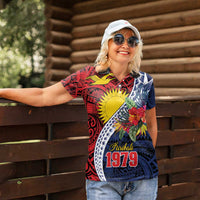 Flag of Kiribati Polynesian Pattern Women Polo Shirt Est 1979 With Tropical Flowers