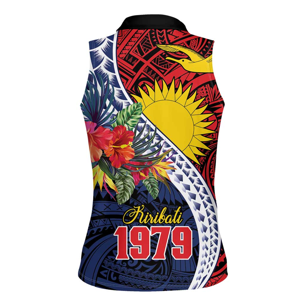 Flag of Kiribati Polynesian Pattern Women Sleeveless Polo Shirt Est 1979 With Tropical Flowers