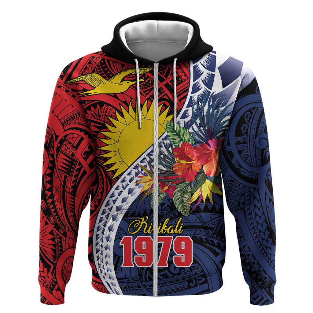 Flag of Kiribati Polynesian Pattern Zip Hoodie Est 1979 With Tropical Flowers