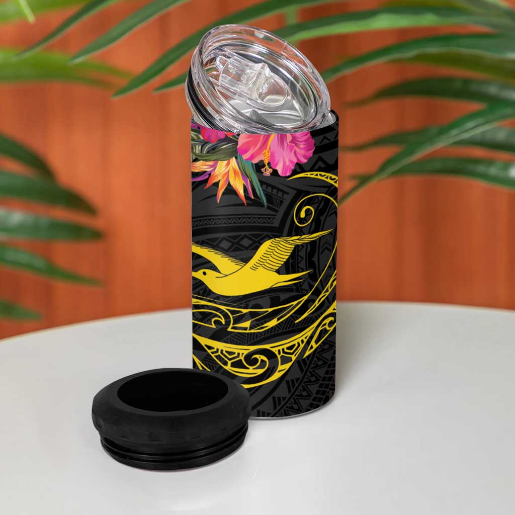 Kiribati Independence Day Personalised 4 in 1 Can Cooler Tumbler Gold Frigatebird with Polynesian Pattern