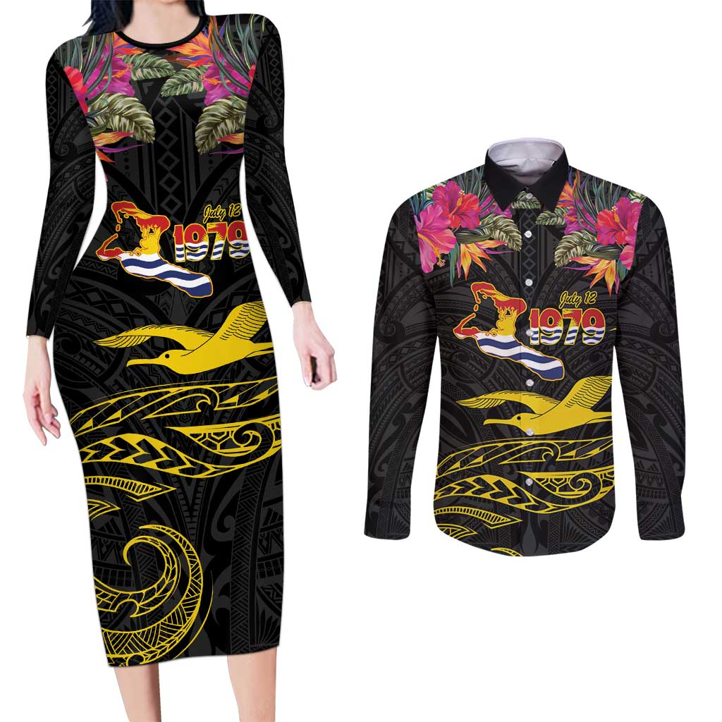 Kiribati Independence Day Personalised Couples Matching Long Sleeve Bodycon Dress and Long Sleeve Button Shirt Gold Frigatebird with Polynesian Pattern