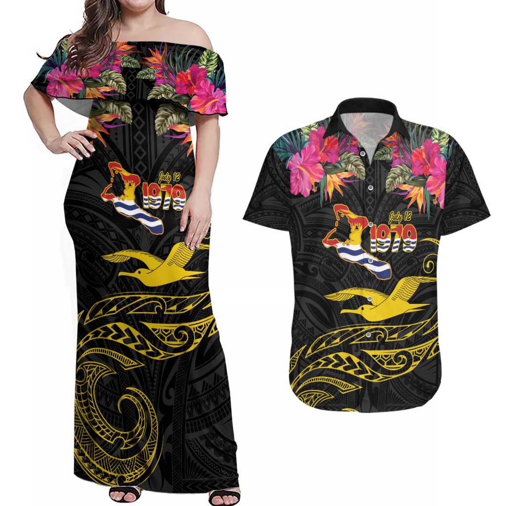 Kiribati Independence Day Personalised Couples Matching Off Shoulder Maxi Dress and Hawaiian Shirt Gold Frigatebird with Polynesian Pattern