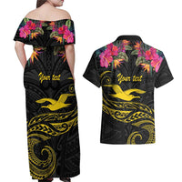 Kiribati Independence Day Personalised Couples Matching Off Shoulder Maxi Dress and Hawaiian Shirt Gold Frigatebird with Polynesian Pattern