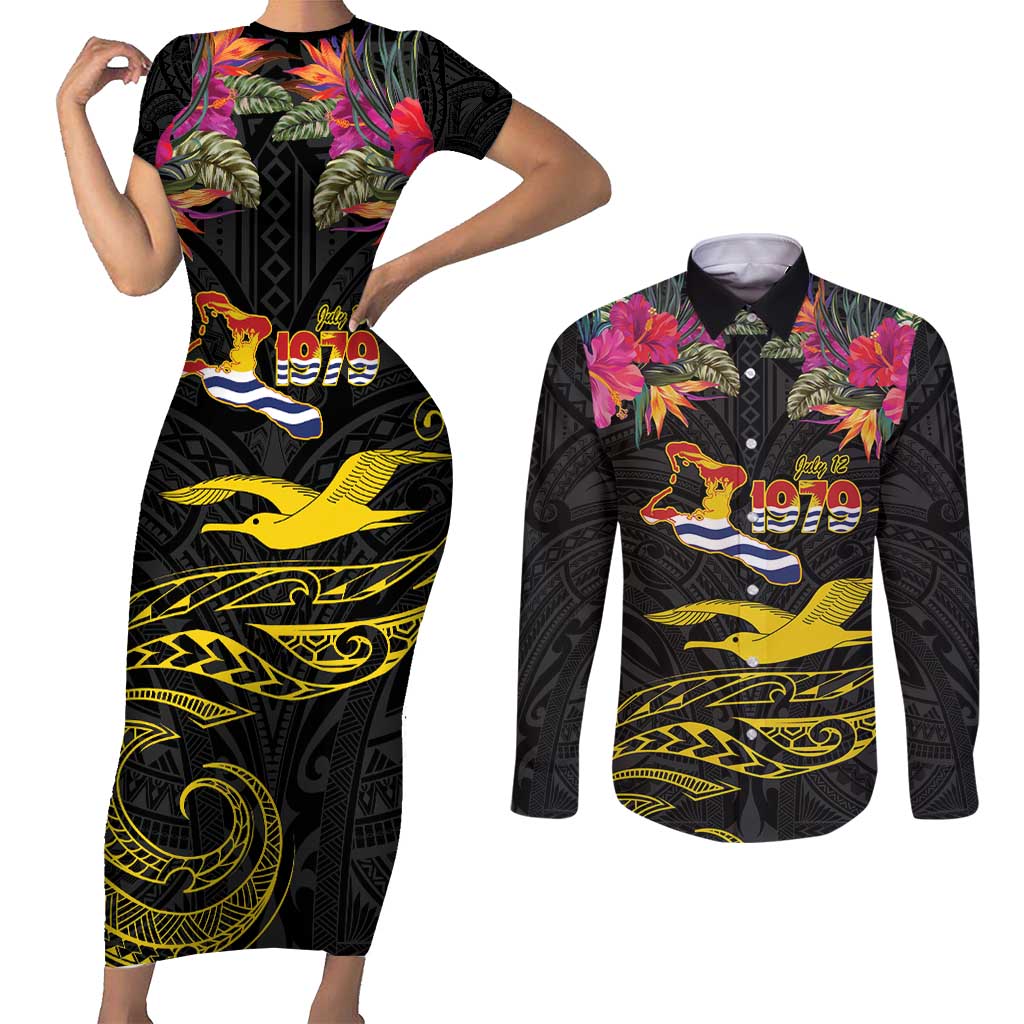 Kiribati Independence Day Personalised Couples Matching Short Sleeve Bodycon Dress and Long Sleeve Button Shirt Gold Frigatebird with Polynesian Pattern