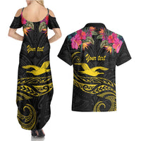 Kiribati Independence Day Personalised Couples Matching Summer Maxi Dress and Hawaiian Shirt Gold Frigatebird with Polynesian Pattern