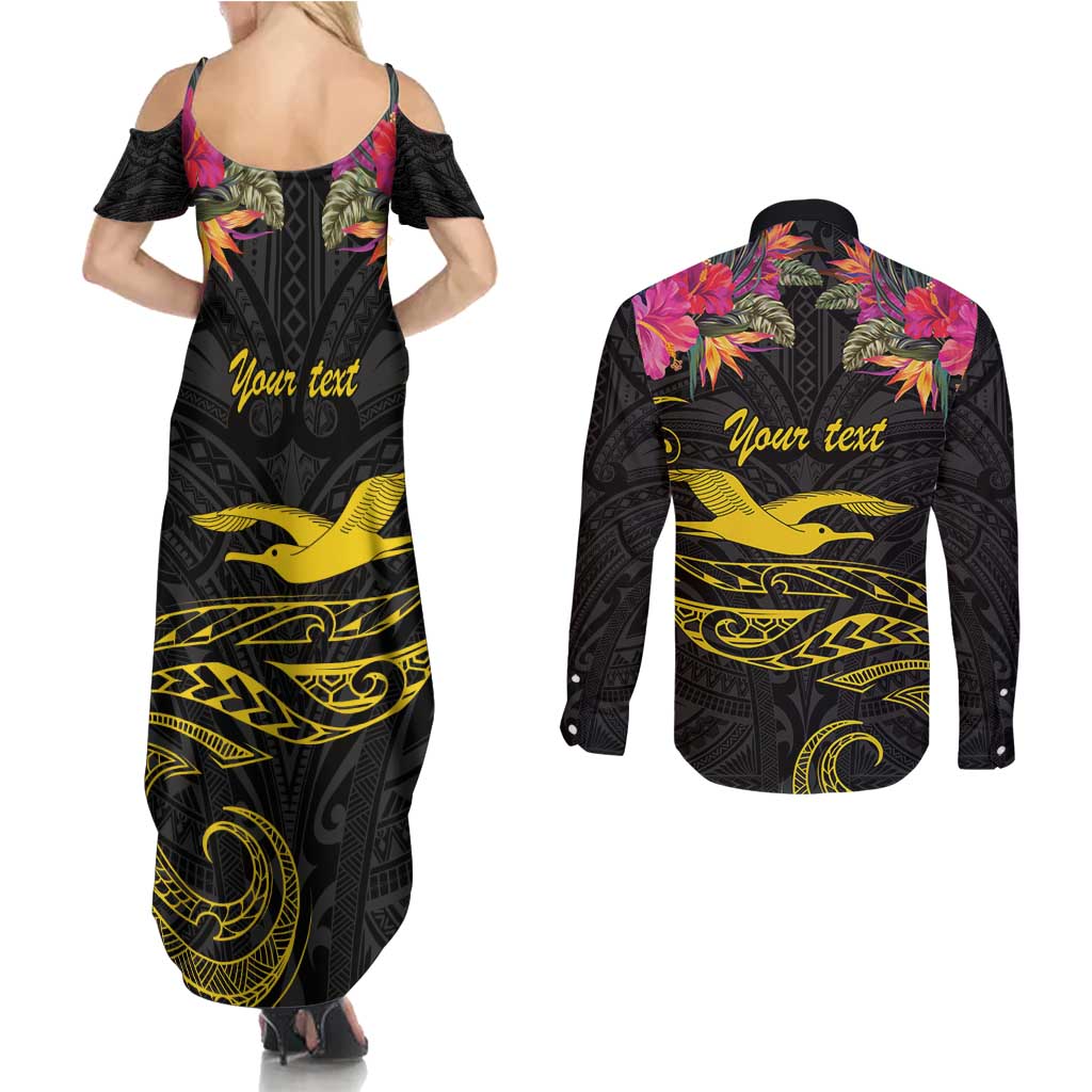Kiribati Independence Day Personalised Couples Matching Summer Maxi Dress and Long Sleeve Button Shirt Gold Frigatebird with Polynesian Pattern