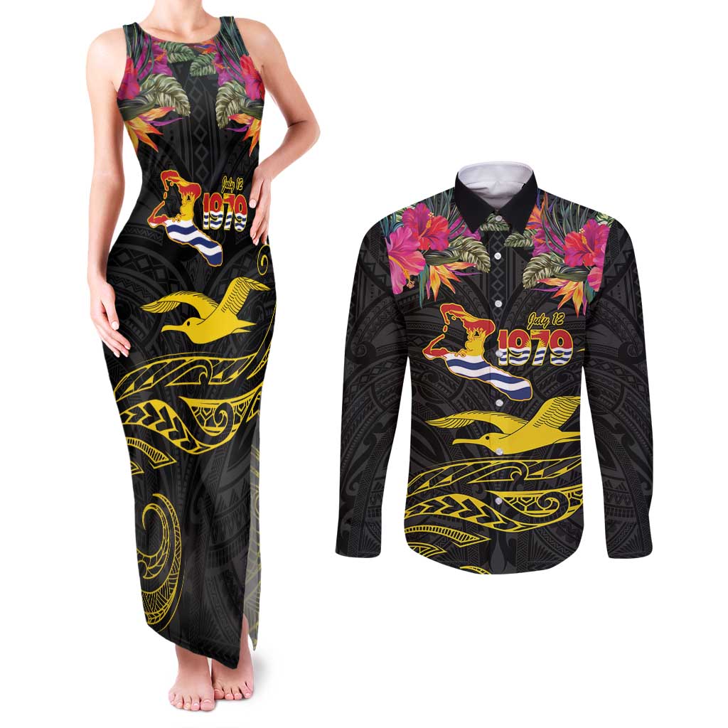 Kiribati Independence Day Personalised Couples Matching Tank Maxi Dress and Long Sleeve Button Shirt Gold Frigatebird with Polynesian Pattern