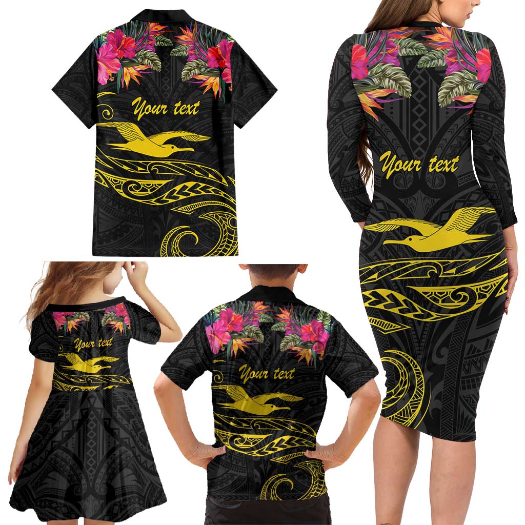 Kiribati Independence Day Personalised Family Matching Long Sleeve Bodycon Dress and Hawaiian Shirt Gold Frigatebird with Polynesian Pattern