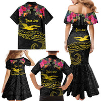 Kiribati Independence Day Personalised Family Matching Mermaid Dress and Hawaiian Shirt Gold Frigatebird with Polynesian Pattern
