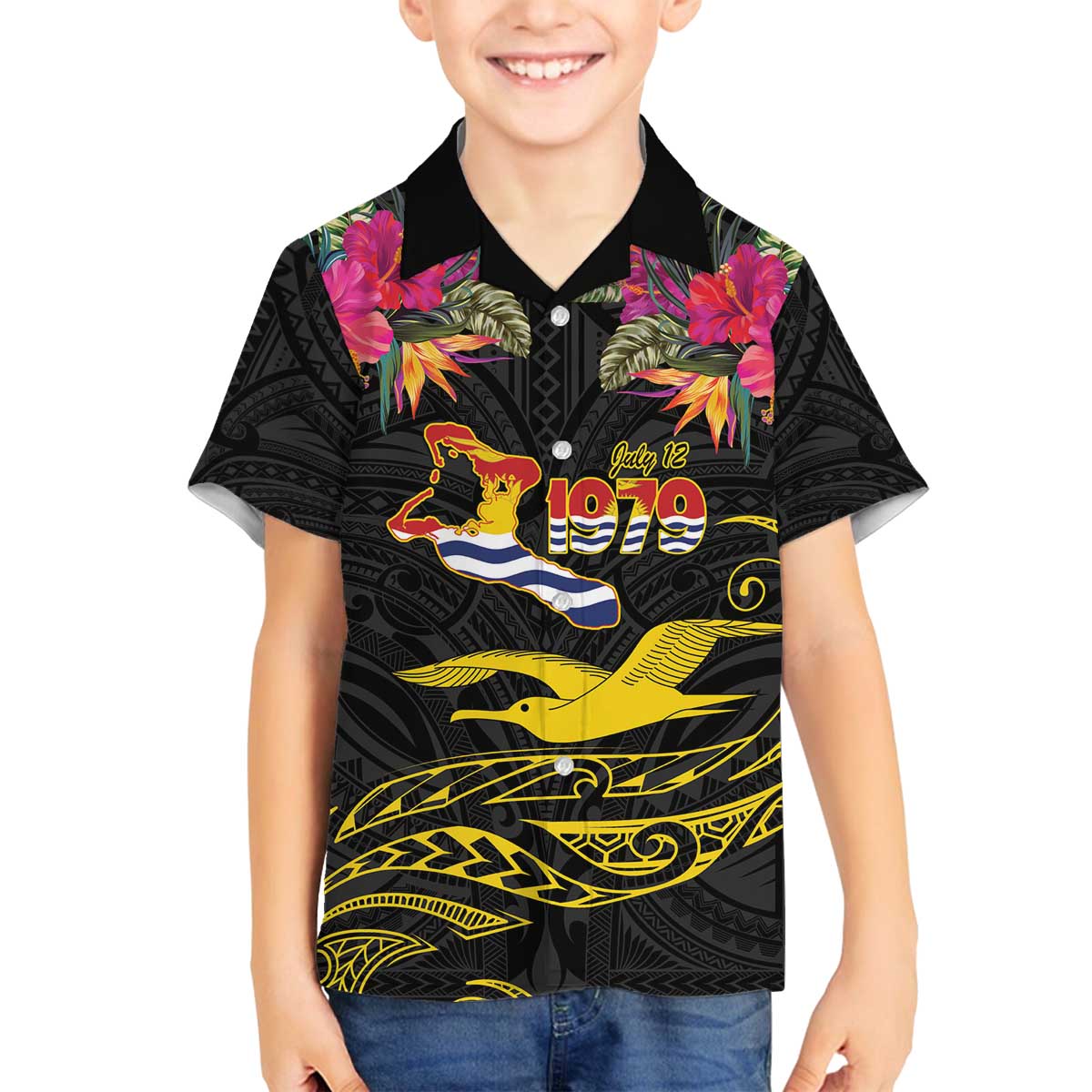 Kiribati Independence Day Personalised Family Matching Off The Shoulder Long Sleeve Dress and Hawaiian Shirt Gold Frigatebird with Polynesian Pattern