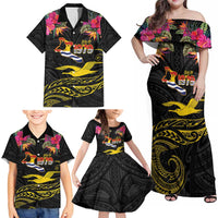 Kiribati Independence Day Personalised Family Matching Off Shoulder Maxi Dress and Hawaiian Shirt Gold Frigatebird with Polynesian Pattern