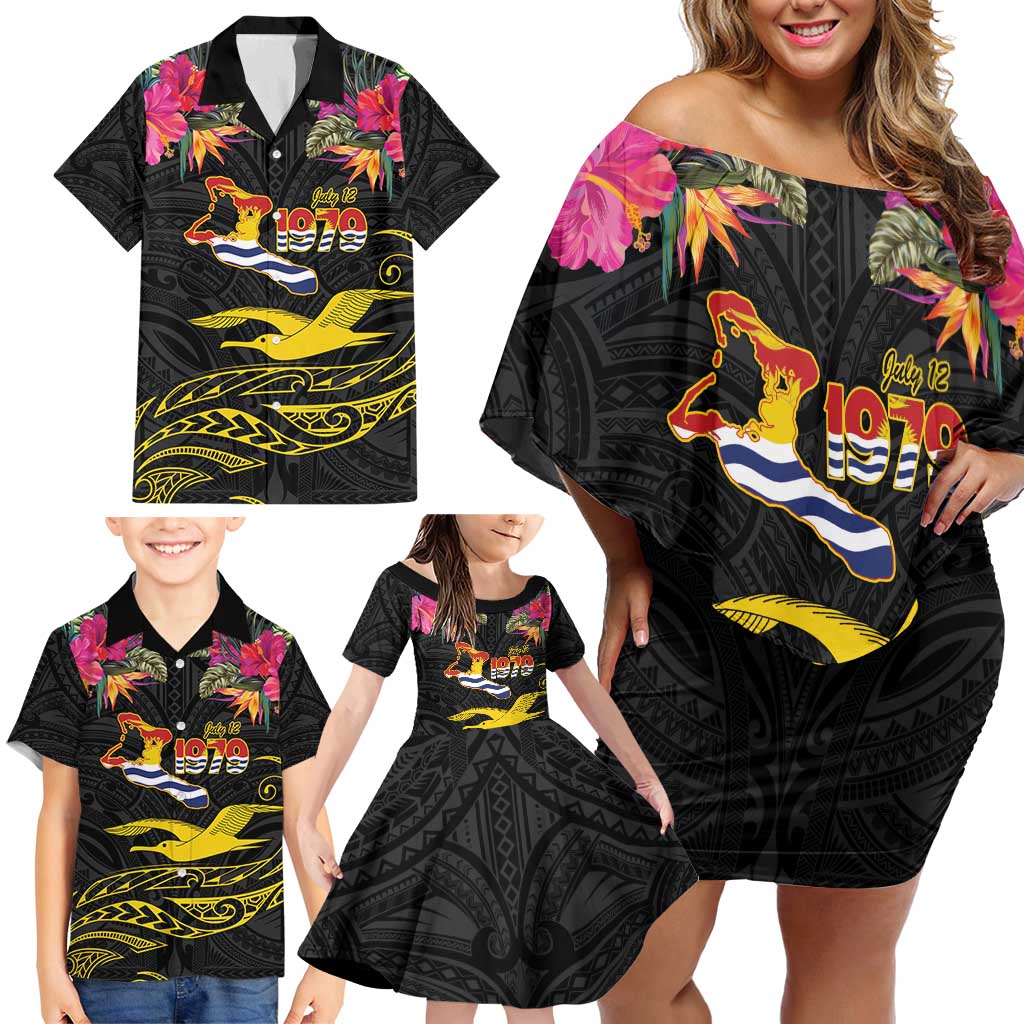 Kiribati Independence Day Personalised Family Matching Off Shoulder Short Dress and Hawaiian Shirt Gold Frigatebird with Polynesian Pattern
