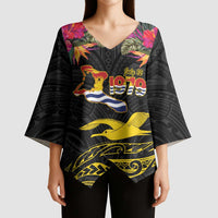 Kiribati Independence Day Personalised Kimono Sleeve Blouse Gold Frigatebird with Polynesian Pattern - Polynesian Pride