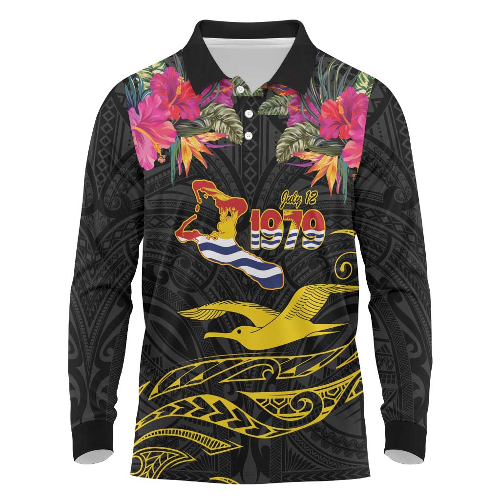 Kiribati Independence Day Personalised Long Sleeve Polo Shirt Gold Frigatebird with Polynesian Pattern