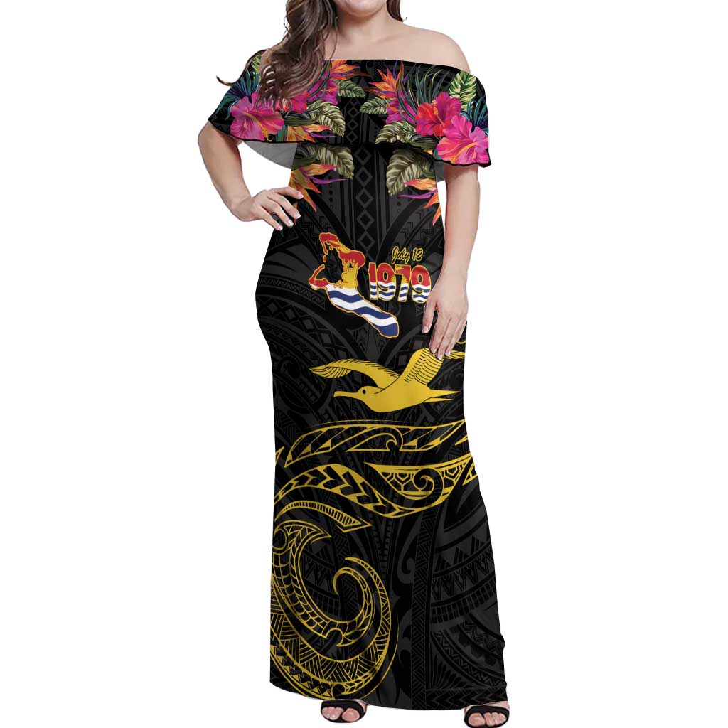 Kiribati Independence Day Personalised Off Shoulder Maxi Dress Gold Frigatebird with Polynesian Pattern