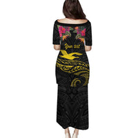 Kiribati Independence Day Personalised Puletasi Gold Frigatebird with Polynesian Pattern