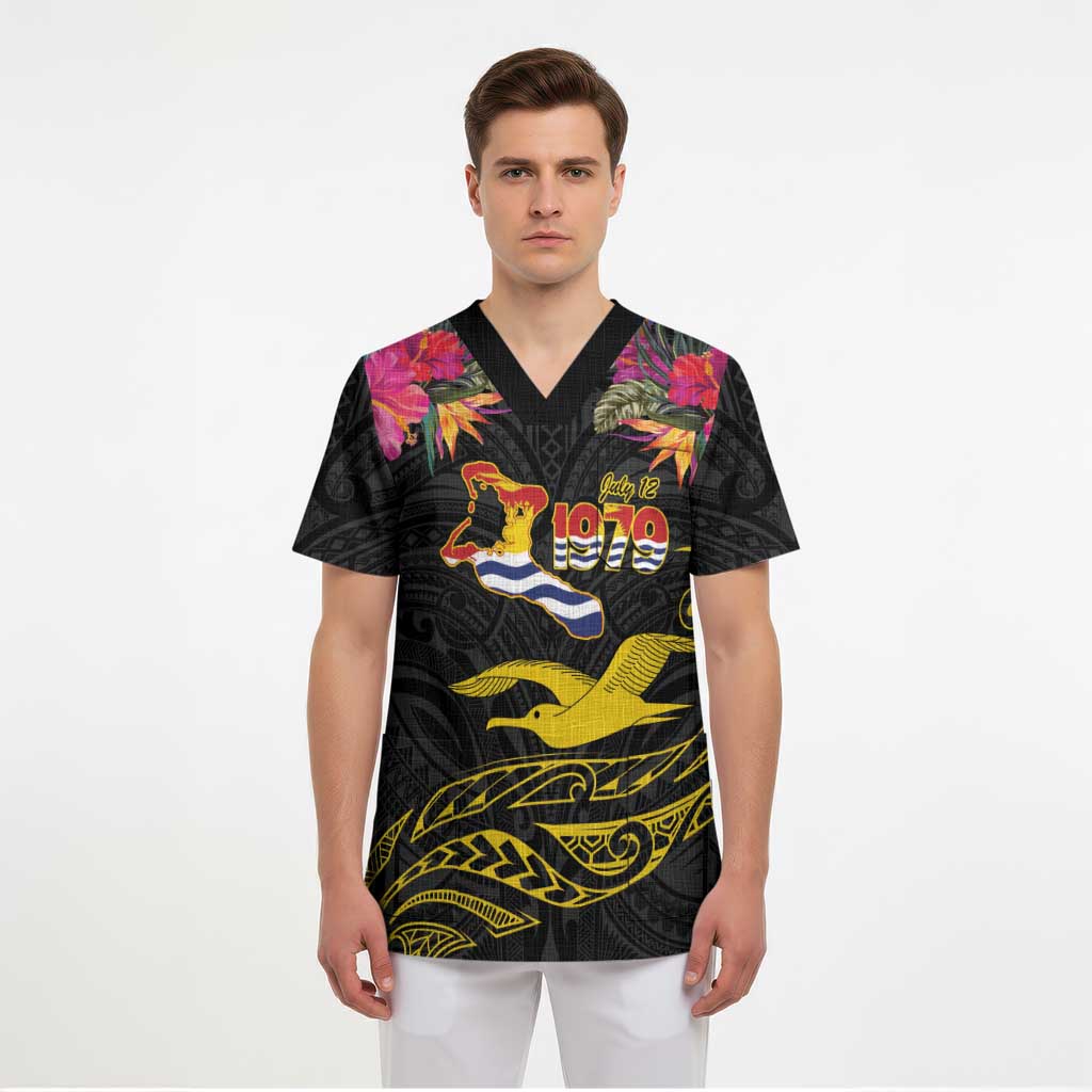 Kiribati Independence Day Personalised Scrub Top Gold Frigatebird with Polynesian Pattern - Polynesian Pride