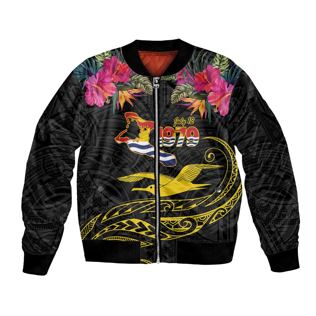 Kiribati Independence Day Personalised Sleeve Zip Bomber Jacket Gold Frigatebird with Polynesian Pattern