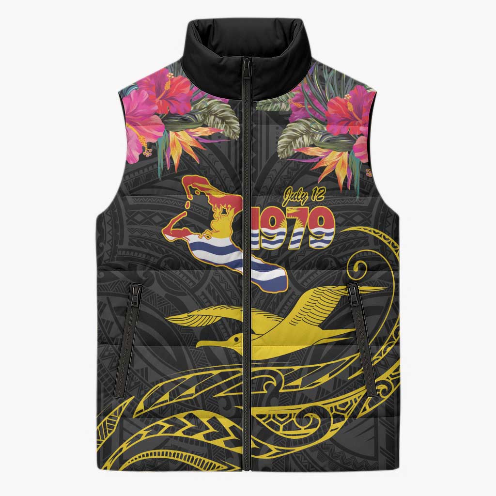 Kiribati Independence Day Personalised Sleeveless Puffer Jacket Gold Frigatebird with Polynesian Pattern - Polynesian Pride