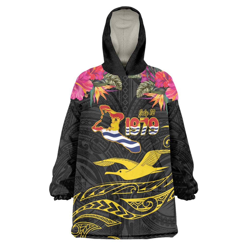 Kiribati Independence Day Personalised Wearable Blanket Hoodie Gold Frigatebird with Polynesian Pattern