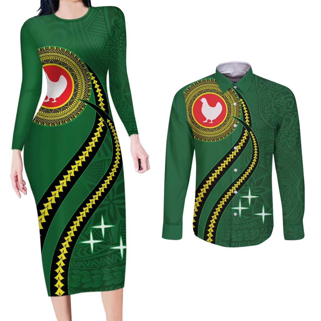 Manua Islands Polynesian Style Couples Matching Long Sleeve Bodycon Dress and Long Sleeve Button Shirt LT9 Green - Polynesian Pride
