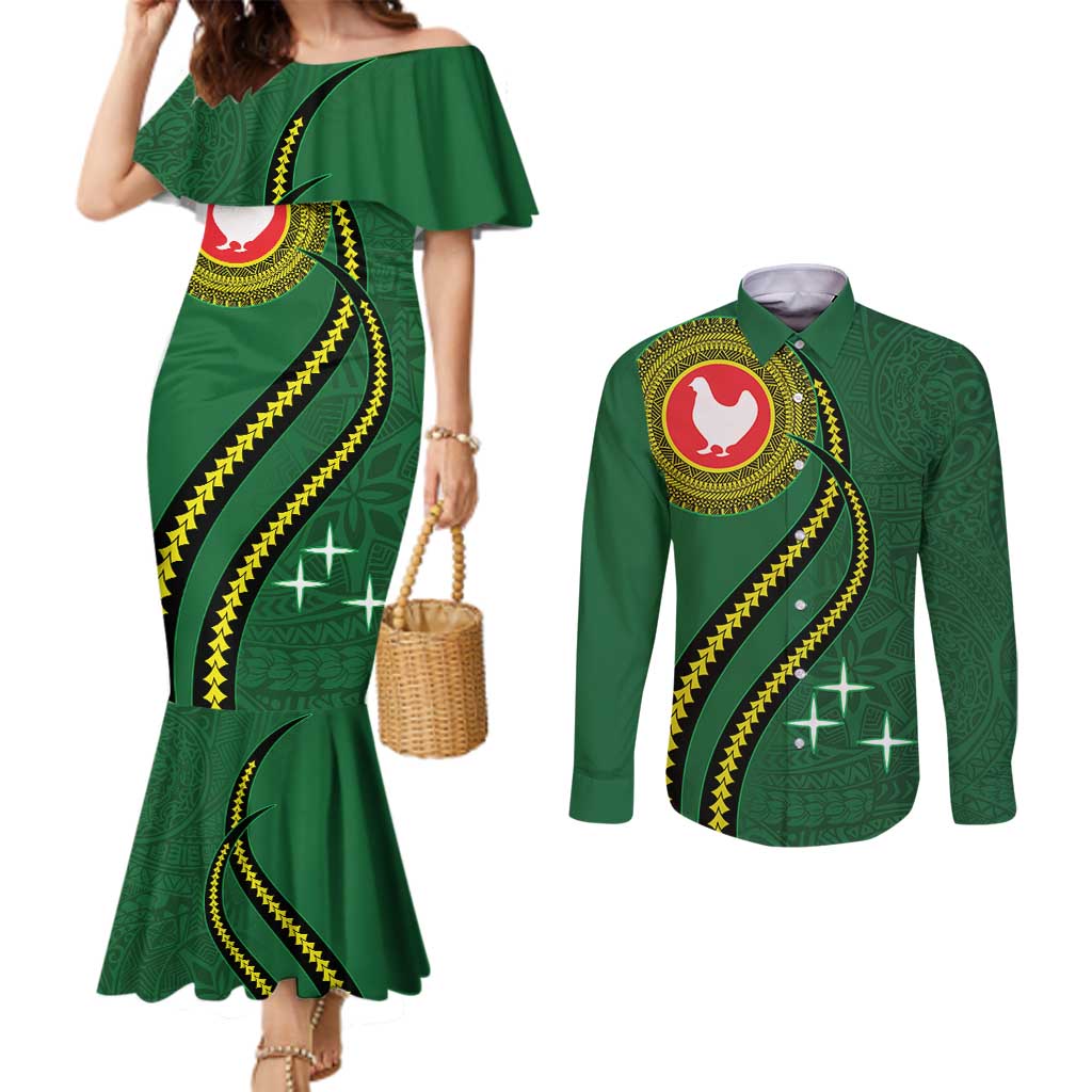 Manua Islands Polynesian Style Couples Matching Mermaid Dress and Long Sleeve Button Shirt