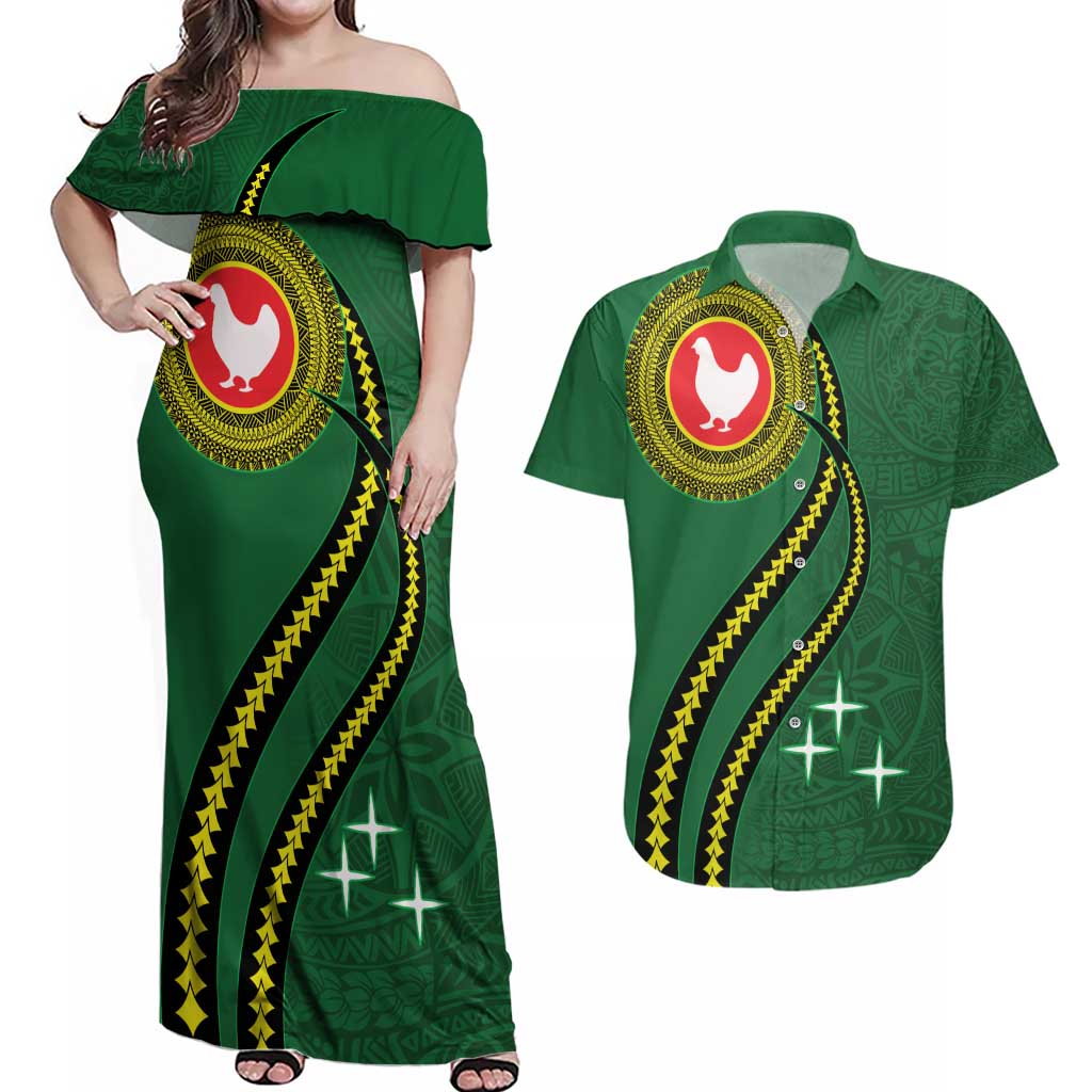 Manua Islands Polynesian Style Couples Matching Off Shoulder Maxi Dress and Hawaiian Shirt LT9 Green - Polynesian Pride