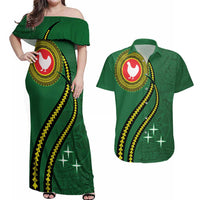Manua Islands Polynesian Style Couples Matching Off Shoulder Maxi Dress and Hawaiian Shirt LT9 Green - Polynesian Pride