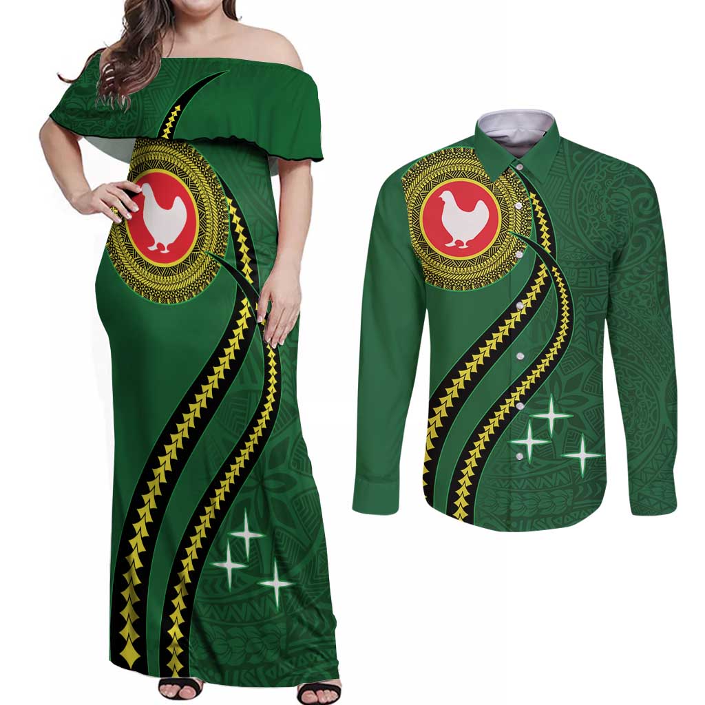 Manua Islands Polynesian Style Couples Matching Off Shoulder Maxi Dress and Long Sleeve Button Shirt