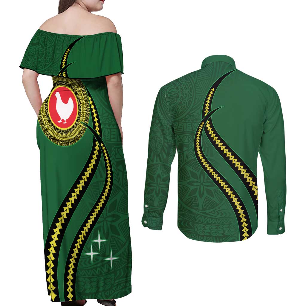 Manua Islands Polynesian Style Couples Matching Off Shoulder Maxi Dress and Long Sleeve Button Shirt