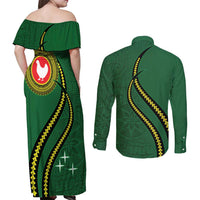 Manua Islands Polynesian Style Couples Matching Off Shoulder Maxi Dress and Long Sleeve Button Shirt