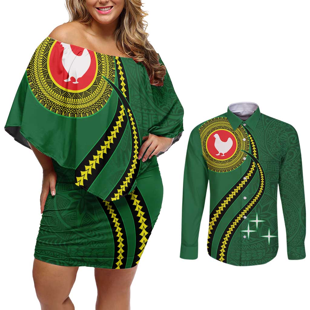 Manua Islands Polynesian Style Couples Matching Off Shoulder Short Dress and Long Sleeve Button Shirt LT9 Green - Polynesian Pride