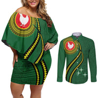 Manua Islands Polynesian Style Couples Matching Off Shoulder Short Dress and Long Sleeve Button Shirt LT9 Green - Polynesian Pride